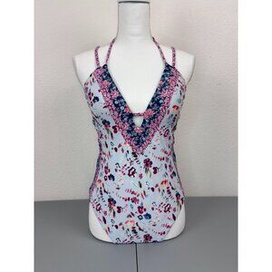 Lucky Brand women's large blue floral plunge neck crossback one piece swimsuit